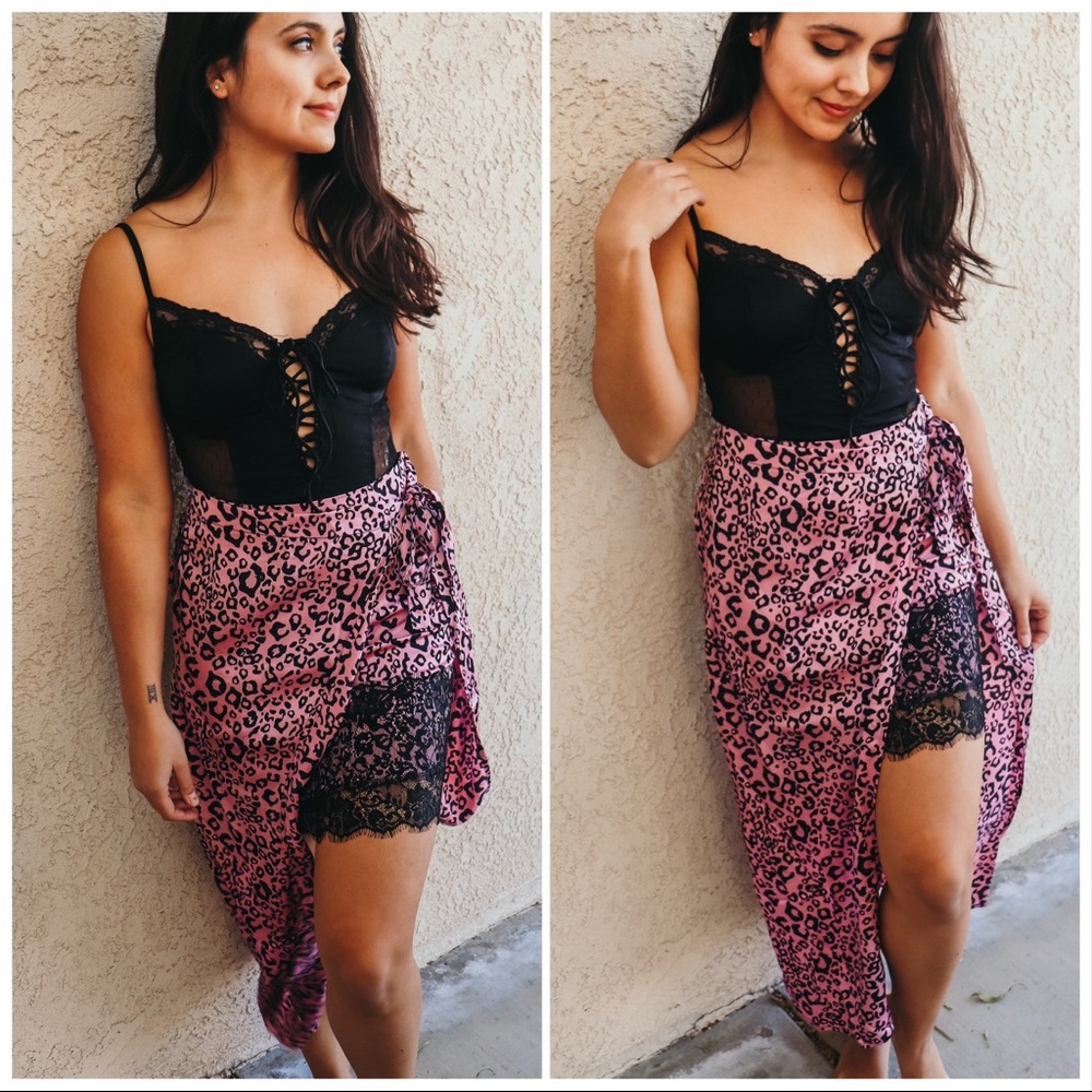 Leopard Print Pink MIDI Skirt with lace detail